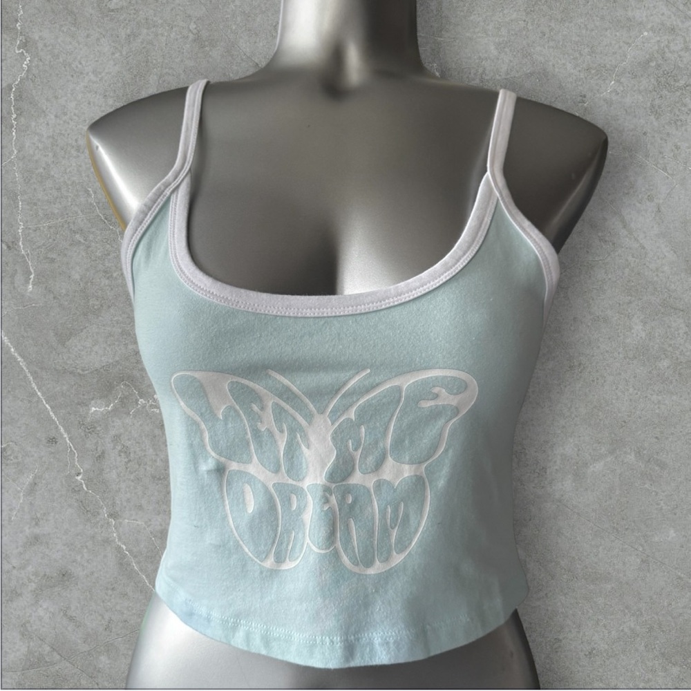 2 for $30 🆕Light Blue Butterfly Graphic Crop Tank with White Trim